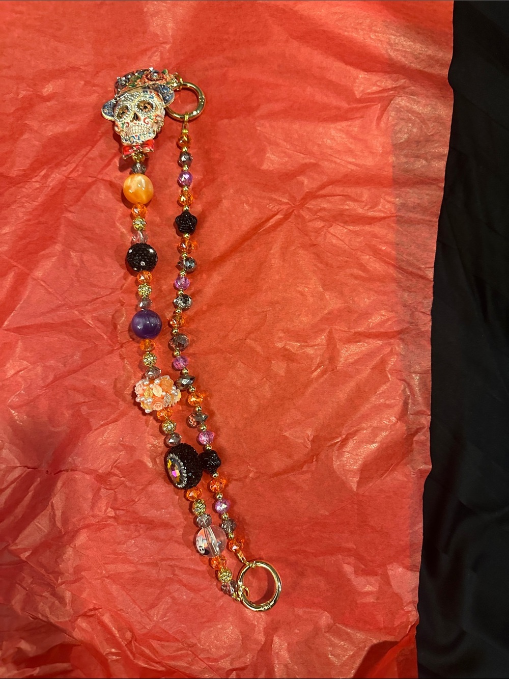 Beaded Skull bag accessory - Orange & Purple